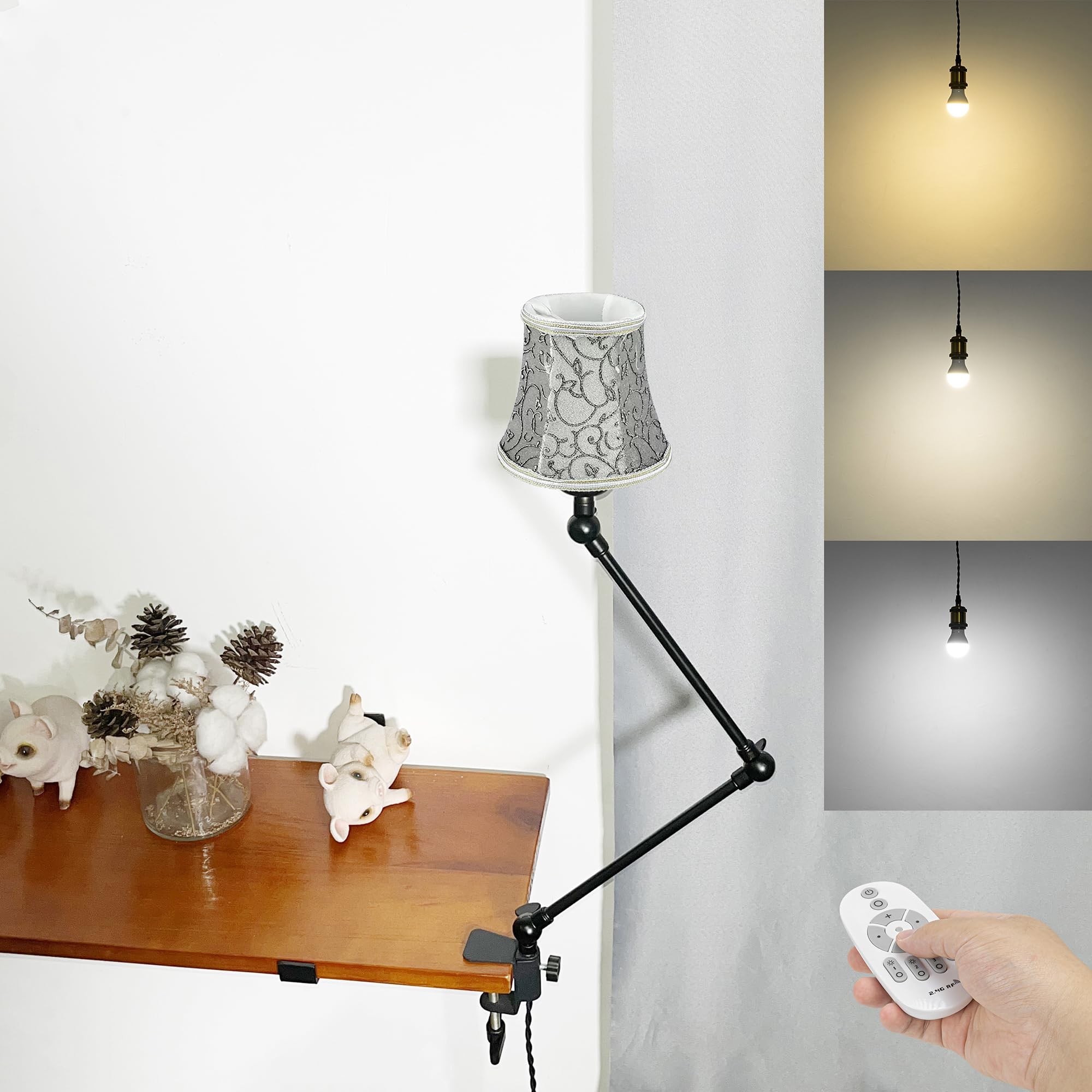 Klemmleuchte mit Fernsteuerung,1 Packung Leselampe mit 2,5 m Kabel, Dimmbar Nachttischlampe,Augenpflege Schreibtischlampe für Büro Heimgebrauch, E27 Lampenhalterung - DZ0332/23