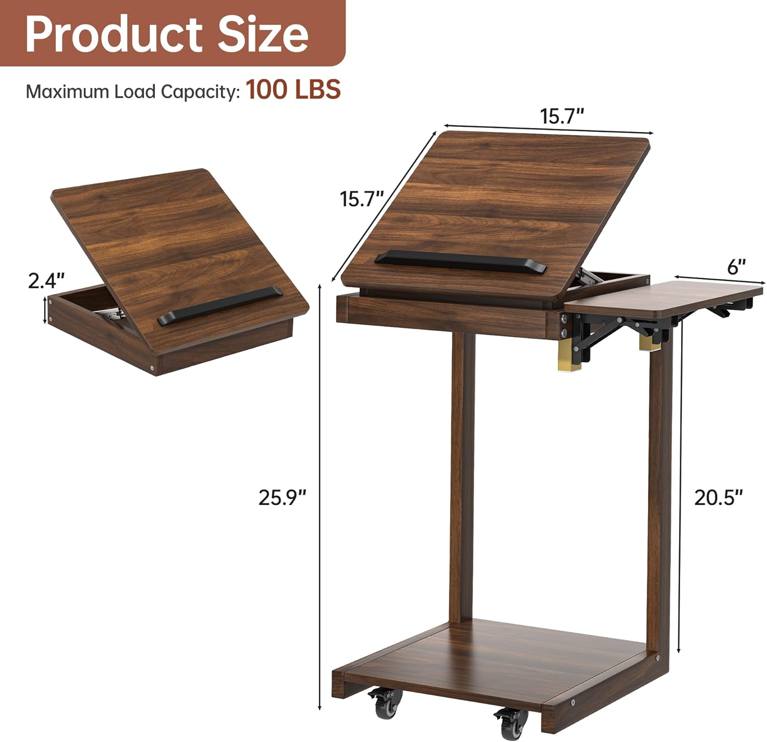c shaped end table for couch c table with wheels folding desktop wood rolling side table with storage desk tv tables lockable wheel for couch, living room, bedroom, walnut