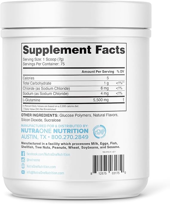 NutraOne GlutaOne L-Glutamine Powder Post Workout Recovery Supplement (75 Servings)