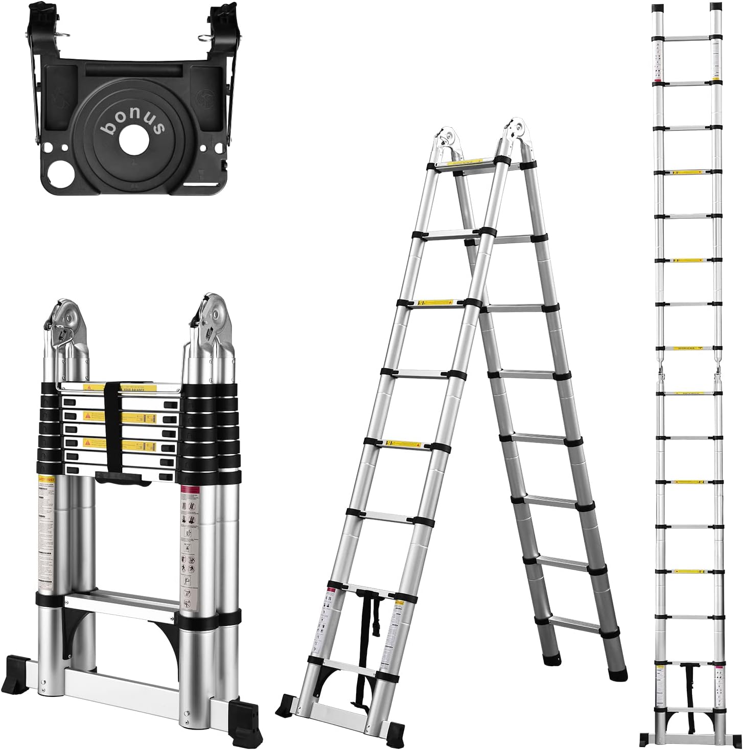 Telescoping Ladder A Frame, 16.5 Ft Compact Aluminum Extension Ladder