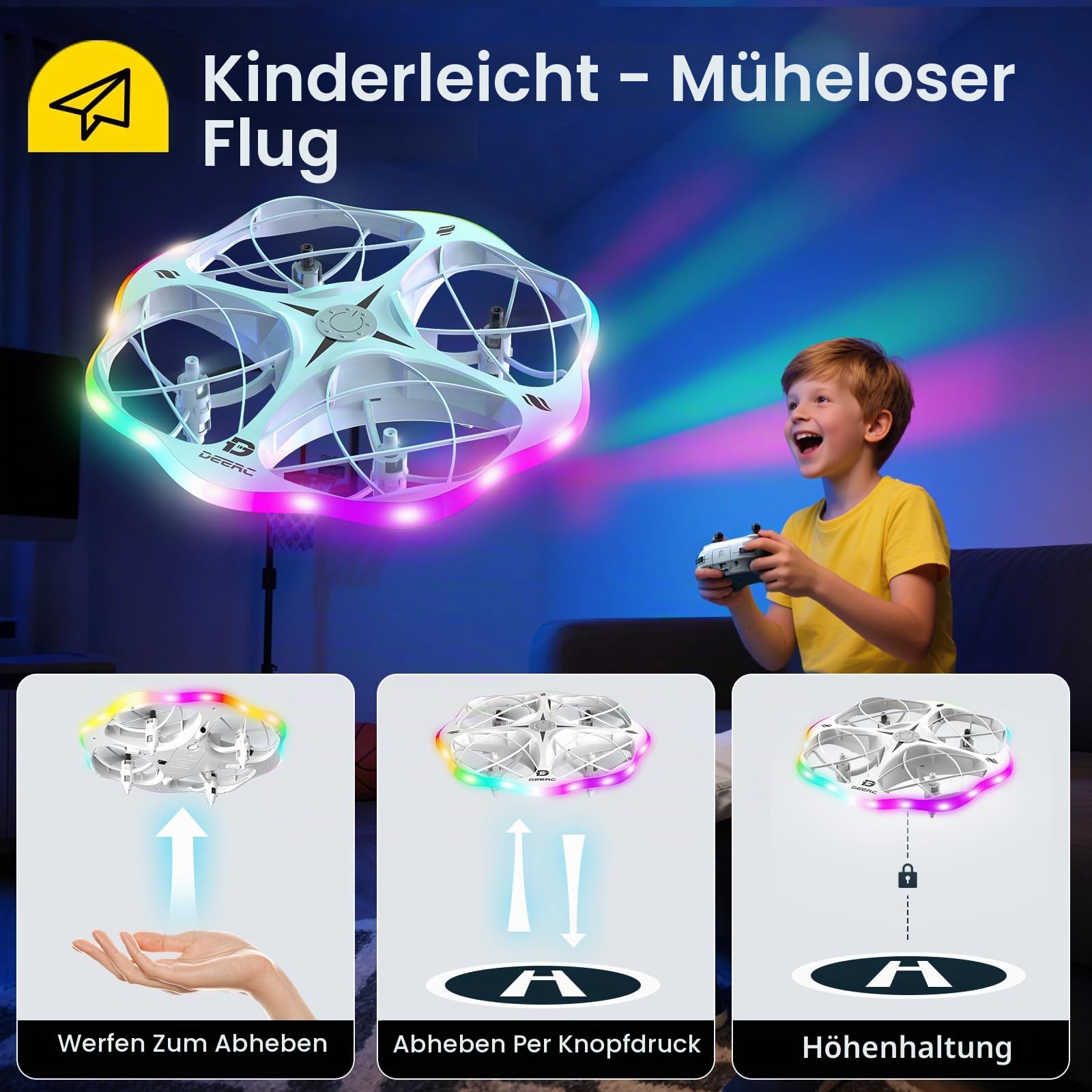 DEERC D13 Mini-Drohne für Kinder mit Hinderniserkennung, 6 LED-Lichtmodi, kleines UFO-Spielzeug, 3 Akkus für längere Flugzeit, Wurfstart, 3D-Flips, Geschenk für Jungen und Mädchen von 6–12 Jahren