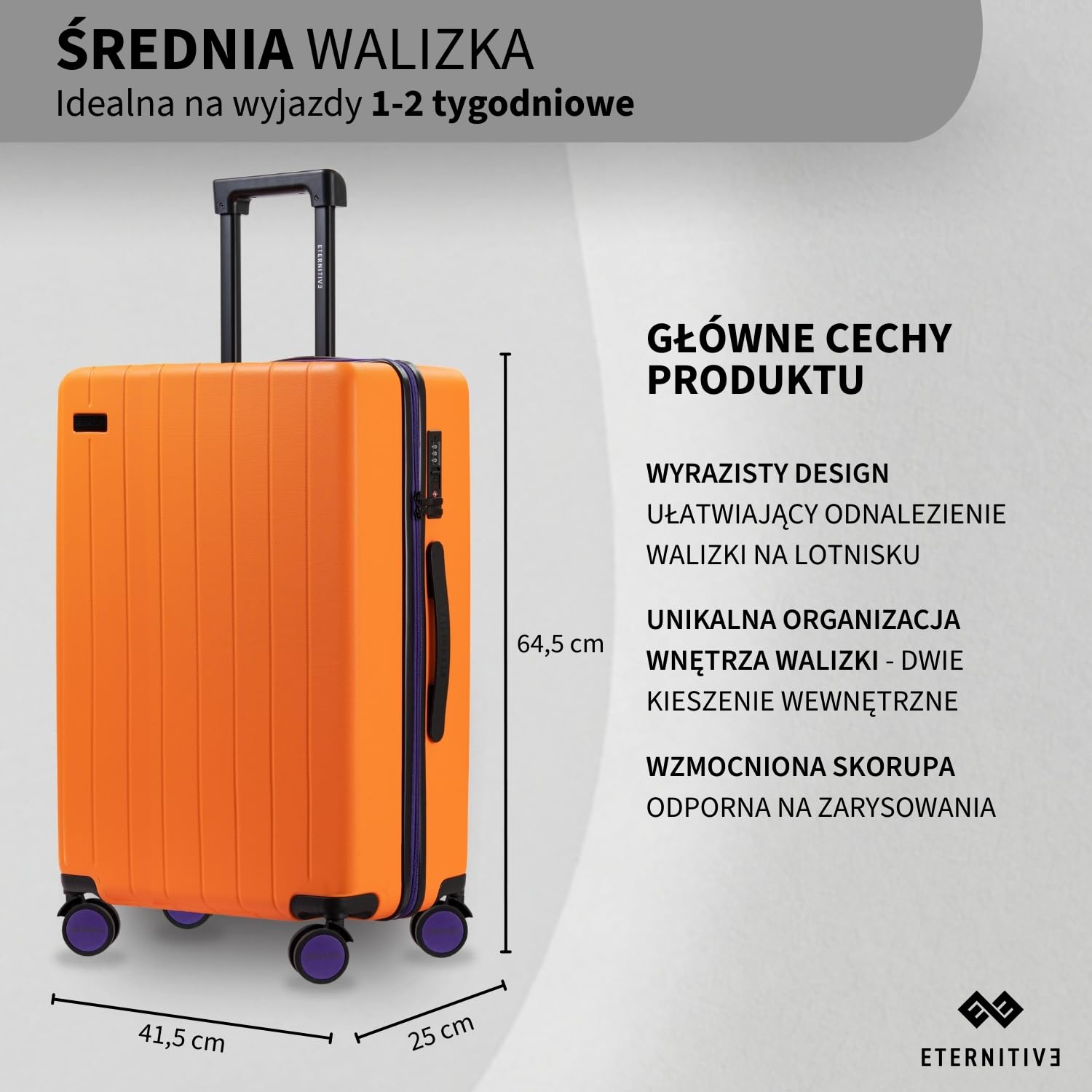 ETERNITIVE Walizka Średnia M 60L – Twarda Walizka Podróżna 41,5 x 64,5 x 25 cm, Lekka 3,6 kg, 4 Kółka 360°, TSA, Pomarańczowa