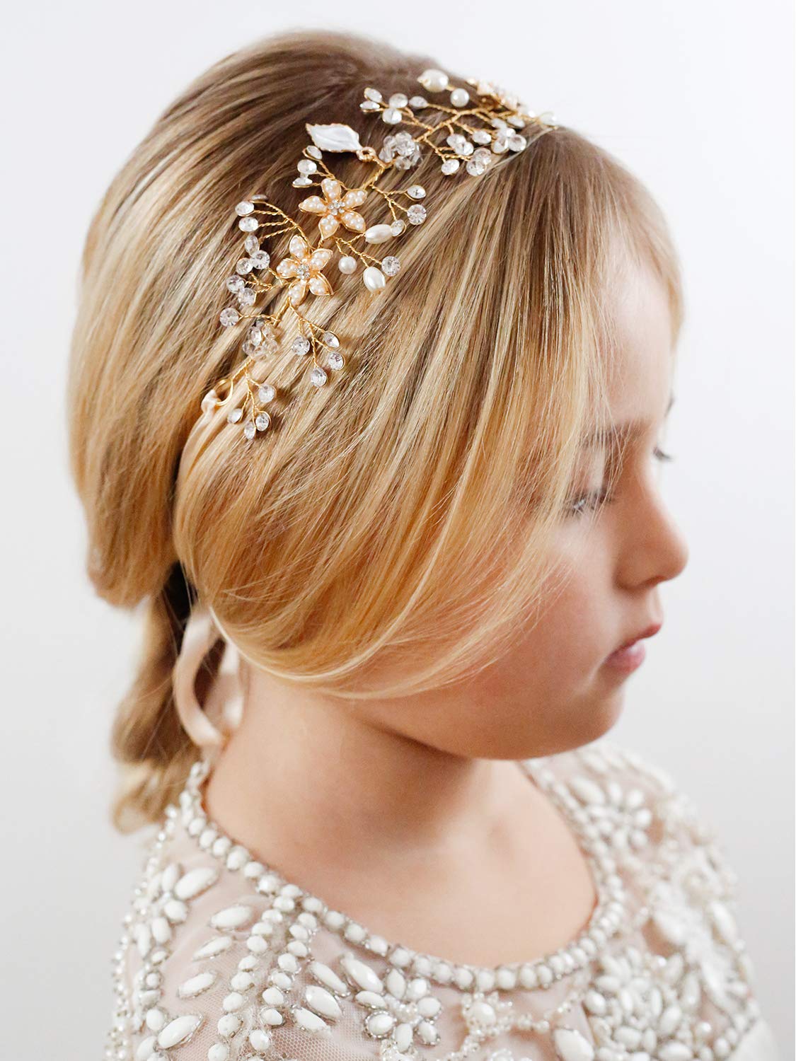 SWEETV Flower Girl Headband for Wedding, Baby Girl Flower Pearl Hair Piece, Gold Headpiece for Birthday Party, Photography - Image 2