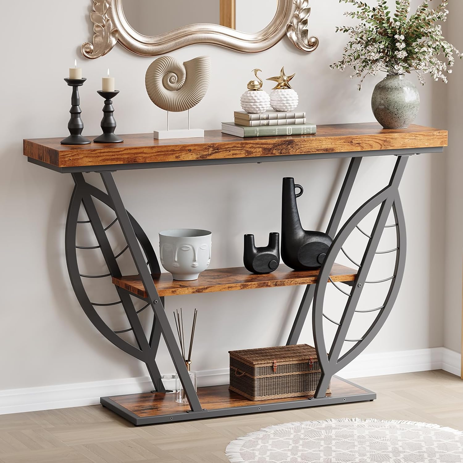 HavenlyYouth Leaf Design Console Table for Entryway, 3-Tier Storage, 30mm Thick Rustic Brown Industrial Metal Frame, Easy-to-Assemble Narrow Accent Table, Space-Saving for Hallway, Entrance, Foyer
