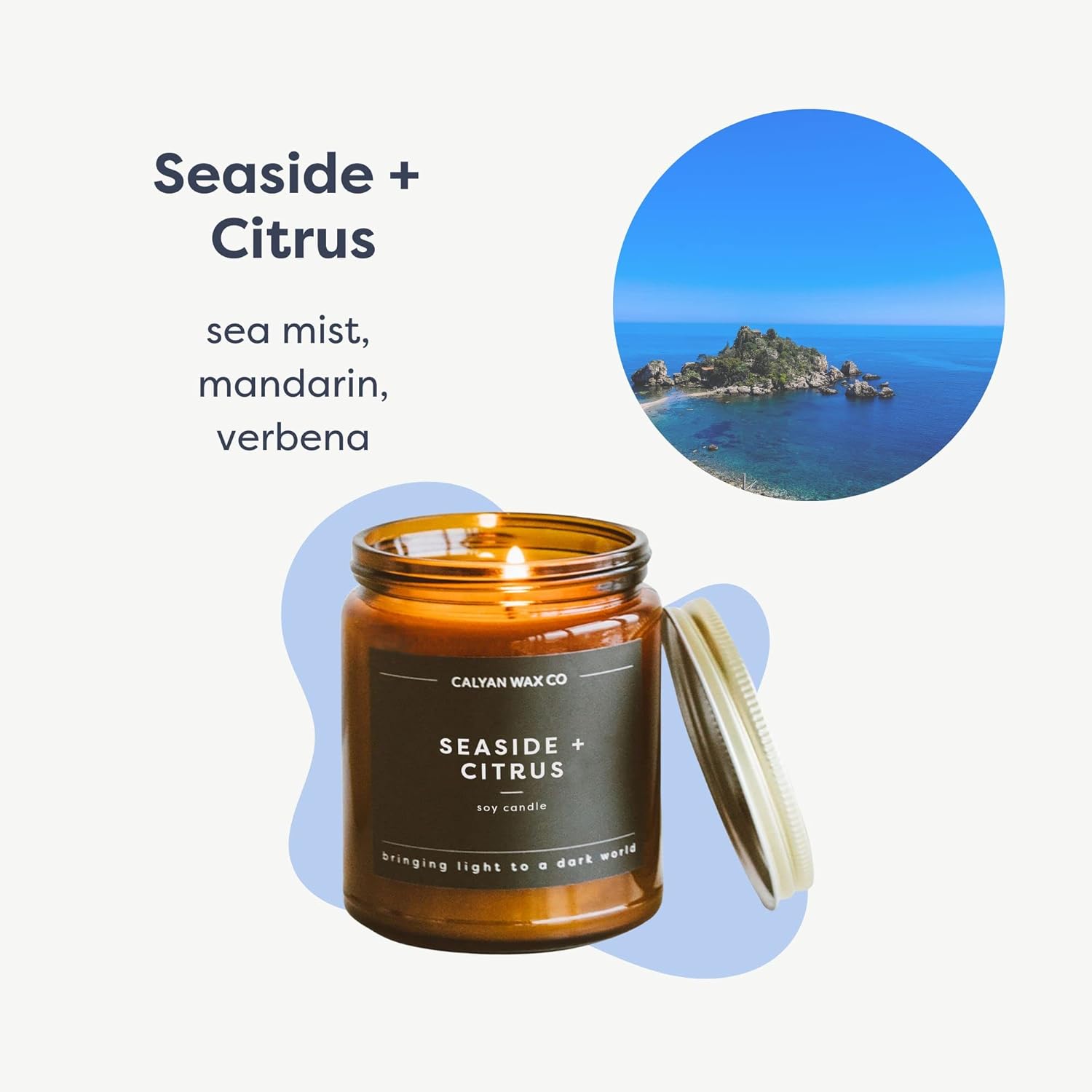 Calyan Wax Co. Seaside & Citrus Scented Candle - 57 Hour Burn - Luxury Non Toxic Soy Wax Candles - Long Lasting Amber Glass Jar Candle for Home - 7.2oz - Image 2
