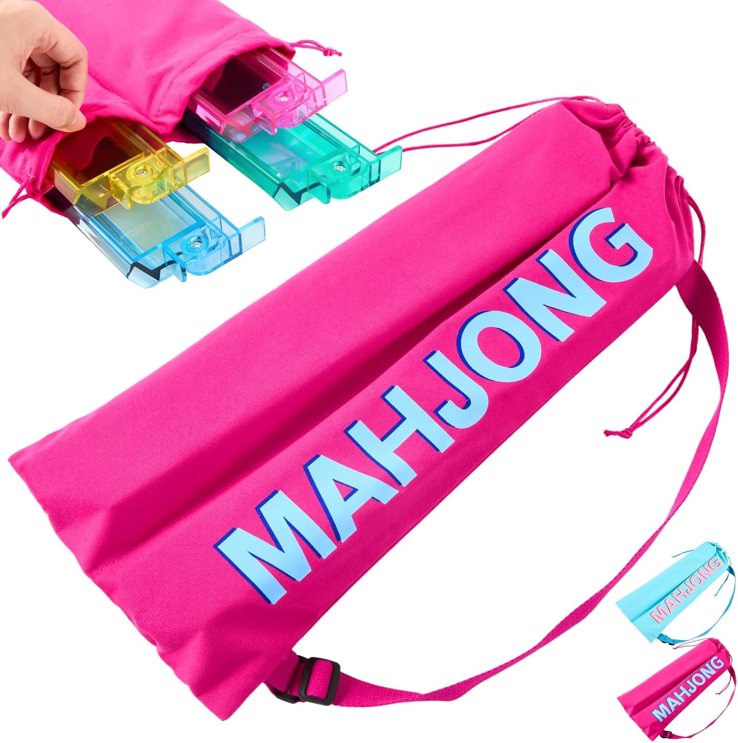 Mahjong Rack Bag with 4 Divider Pockets Canvas Drawstring Mahjong Game Rack & Pushers Storage Bag Fits All Types of Racks Protective Sleeve for Game Night Travel(Blue)