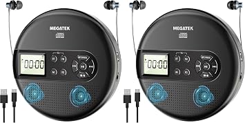 MEGATEK CP27BR Portable CD Player Bluetooth for Car with FM Transmitter, USB, AUX, LCD Display, Anti-Skip, Stereo Speakers, Headphones & Rechargeable Battery Black Pack of 2