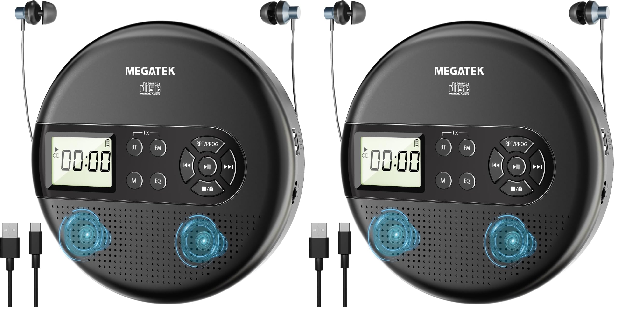 MEGATEK CP27BR Portable CD Player Bluetooth for Car with FM Transmitter, USB, AUX, LCD Display, Anti-Skip, Stereo Speakers, Headphones &amp; Rechargeable Battery – Black (Pack of 2)