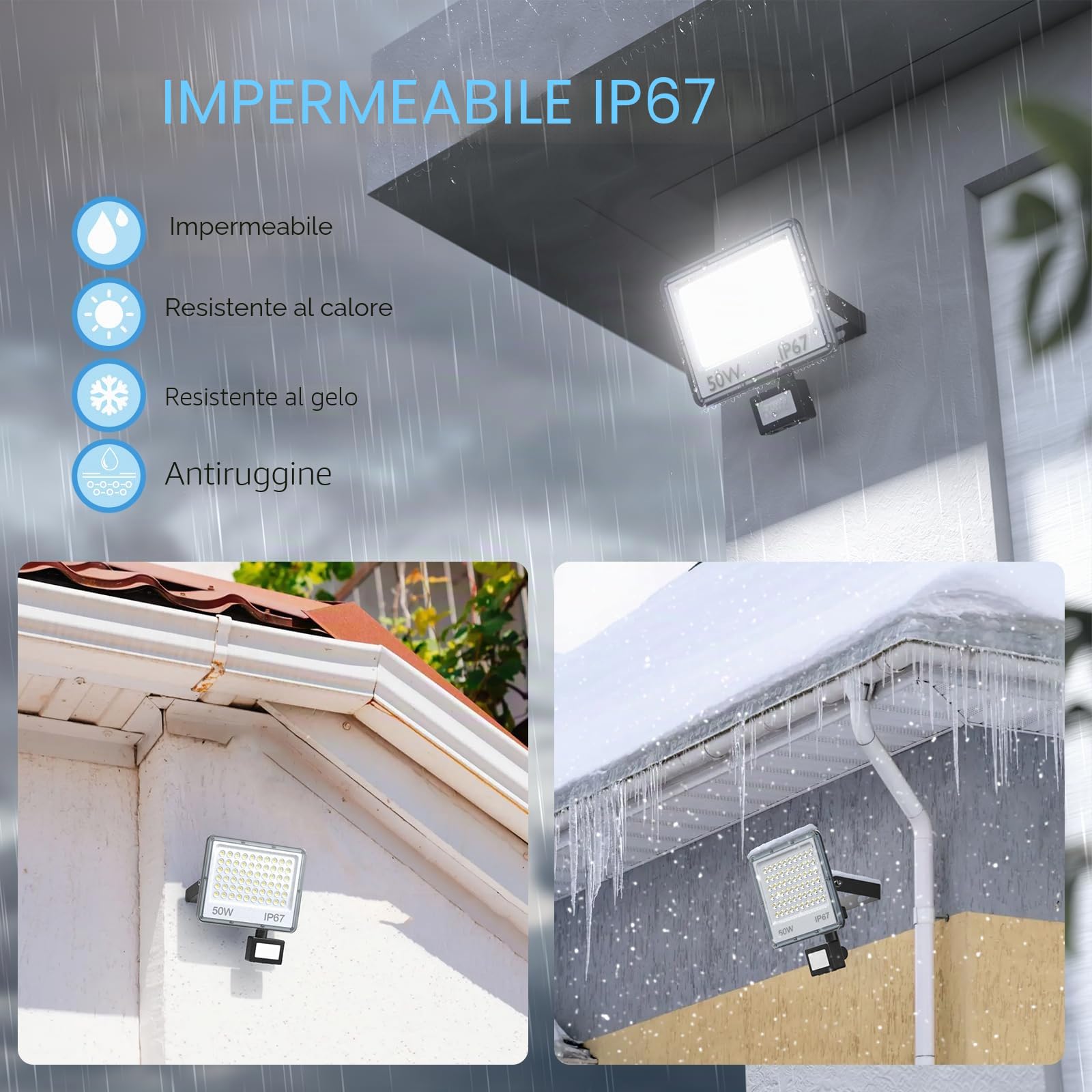 YIQIBRO Faro Faretto LED da Esterno con Sensore di Movimento 50W 5000LM 2 Pezzi, IP67 7000K Luce Fredda Lampada Faretti LED Esterno con Sensore di Movimento per Giardino, Capannone