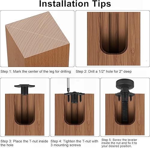 Miniatura 5 de Niveladores de muebles resistentes de 38 a 16 hilos con kit de tuercas en T, pies niveladores de muebles ajustables para mesas, armarios, sillas,