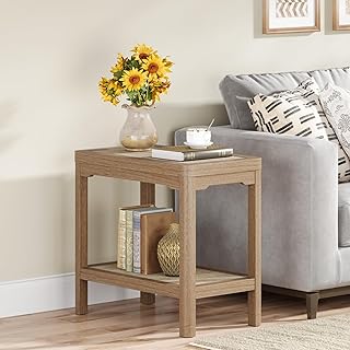 Rattan Nightstands - Farmhouse 2 Tier End Table for Living Room - Accent Side Table wtih Open Storage Shelves for Small Space Narrow Coffee Table Bamboo, Natural Oak