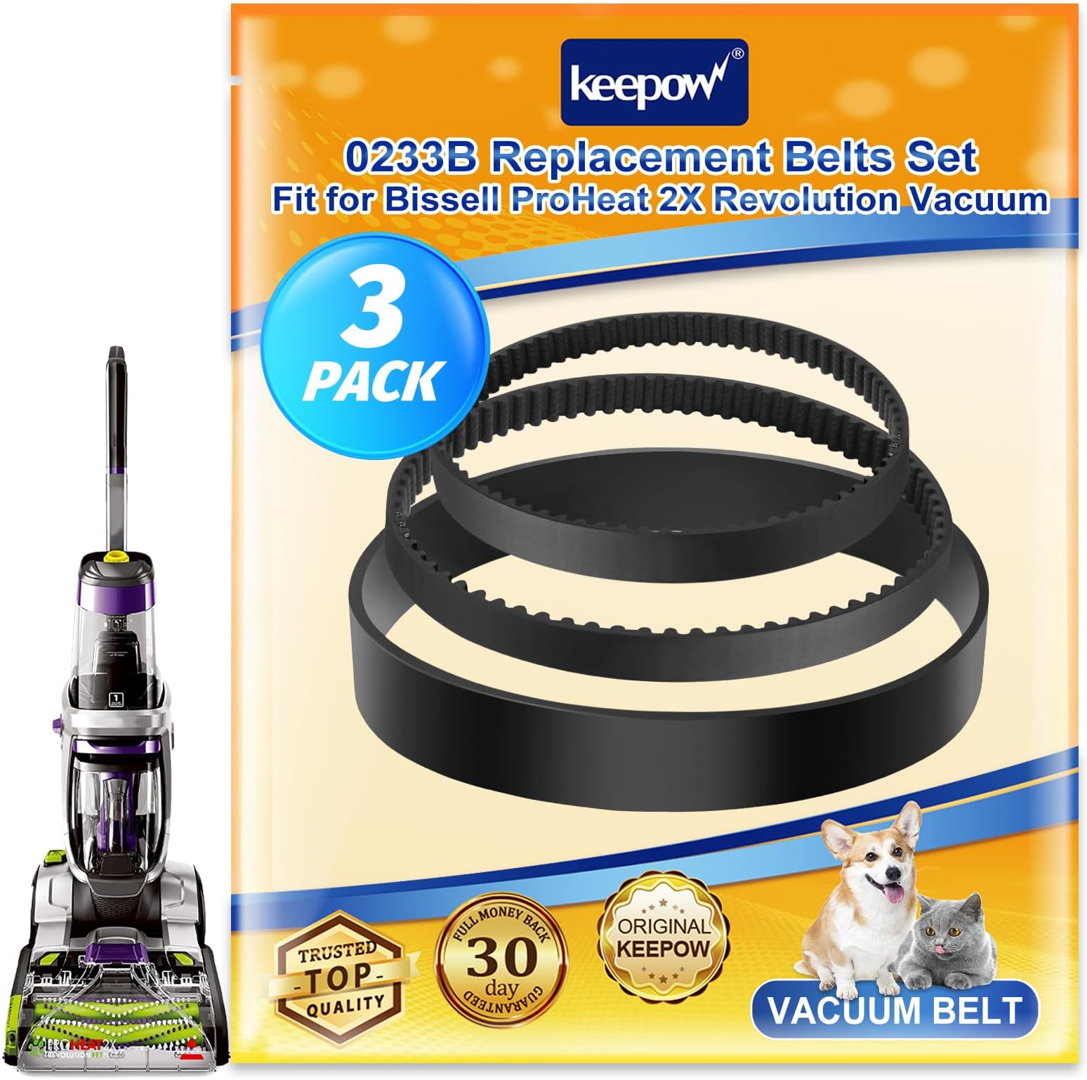 KEEPOW Replacement Belt Set Compatible with Bissell ProHeat 2X Revolution Pet Pro Carpet Cleaner 1986, 1964, 2007, 2007P Series, Part# 1606428 & 1611129 & 1611130