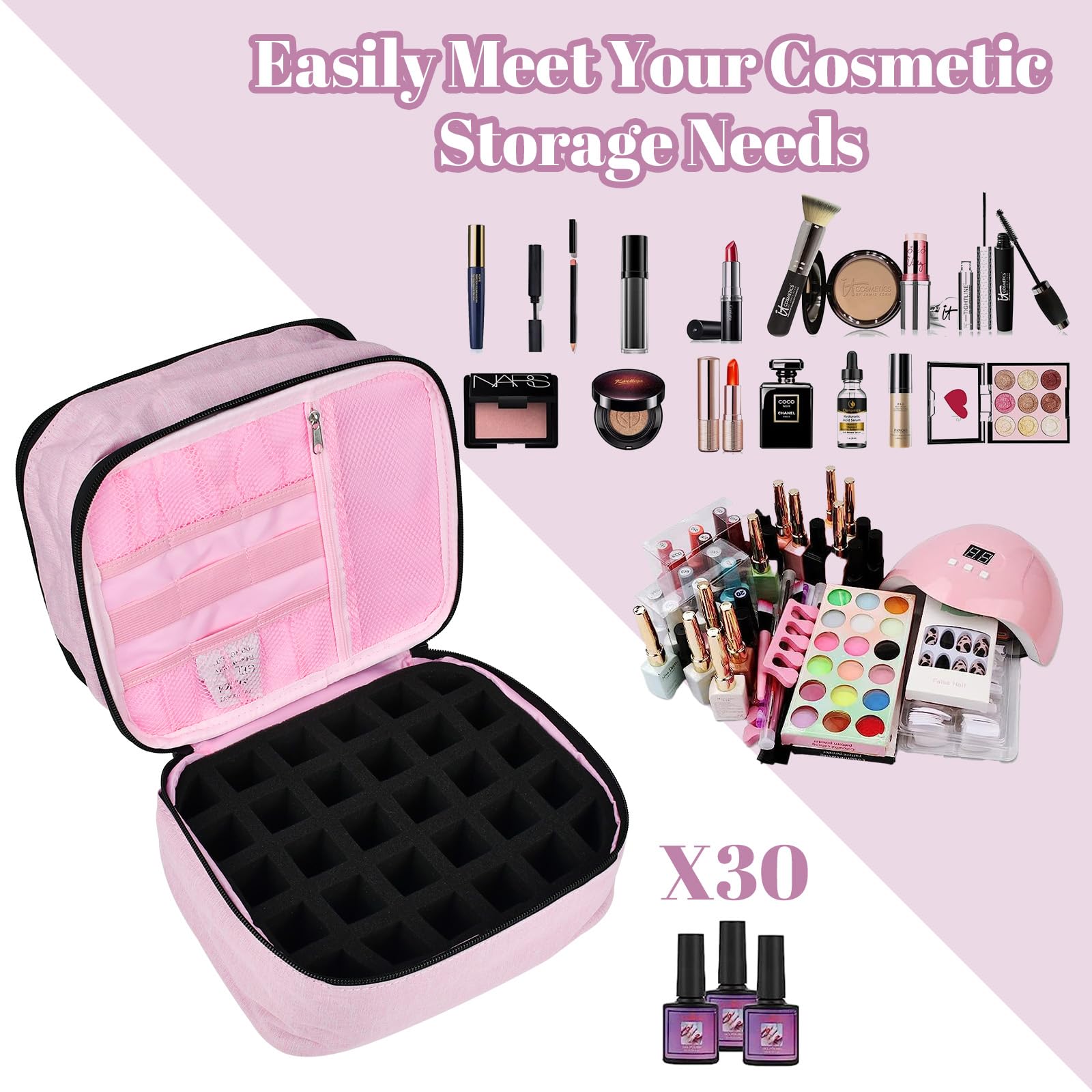 ADERTOS Borsa Porta Smalti a 2 Strati Organizzatore per Smalto Impermeabile Pochette Porta Smalti in Nylon per 30 Flaconi a 15 ml Valigetta Porta Smalti e Lampada Unghie UV, 25*20*19cm, Rosa Chiaro
