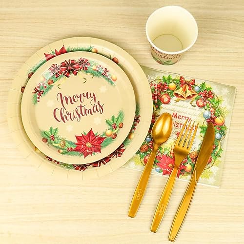 Miniatura 3 de Juego de 175 piezas desechables para fiestas de Navidad, vajilla para fiesta de Navidad, platos de papel y servilletas para 25 invitados (tipo 1)
