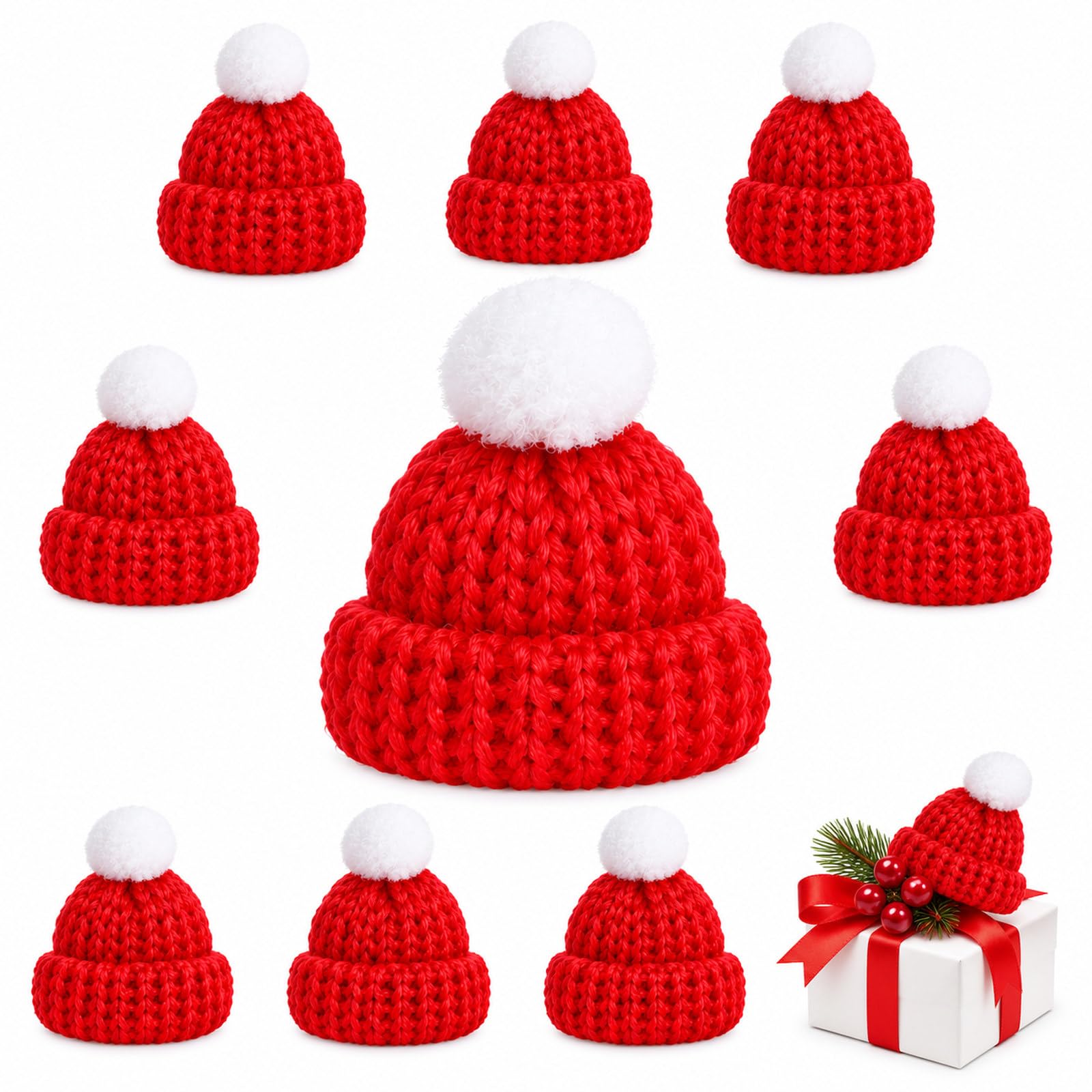 RSYHVG 10Pcs Mini Christmas Knitted Hats, Small Red Santa Caps with White Pom Pom, Tiny Wine Bottle Finger Hats for Xmas DIY Crafts, Doll & Ornament Decoration