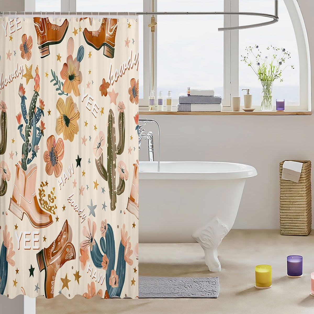 Manfei Cowboy Shower Curtains Cowboy Boots Bathroom Curtains for Kids Girls Room Decor, Wild West Cactus Flower Cowgirl Waterproof Bath Curtains with 12 Hooks Suits for Bathtub, 72" W x 84" L