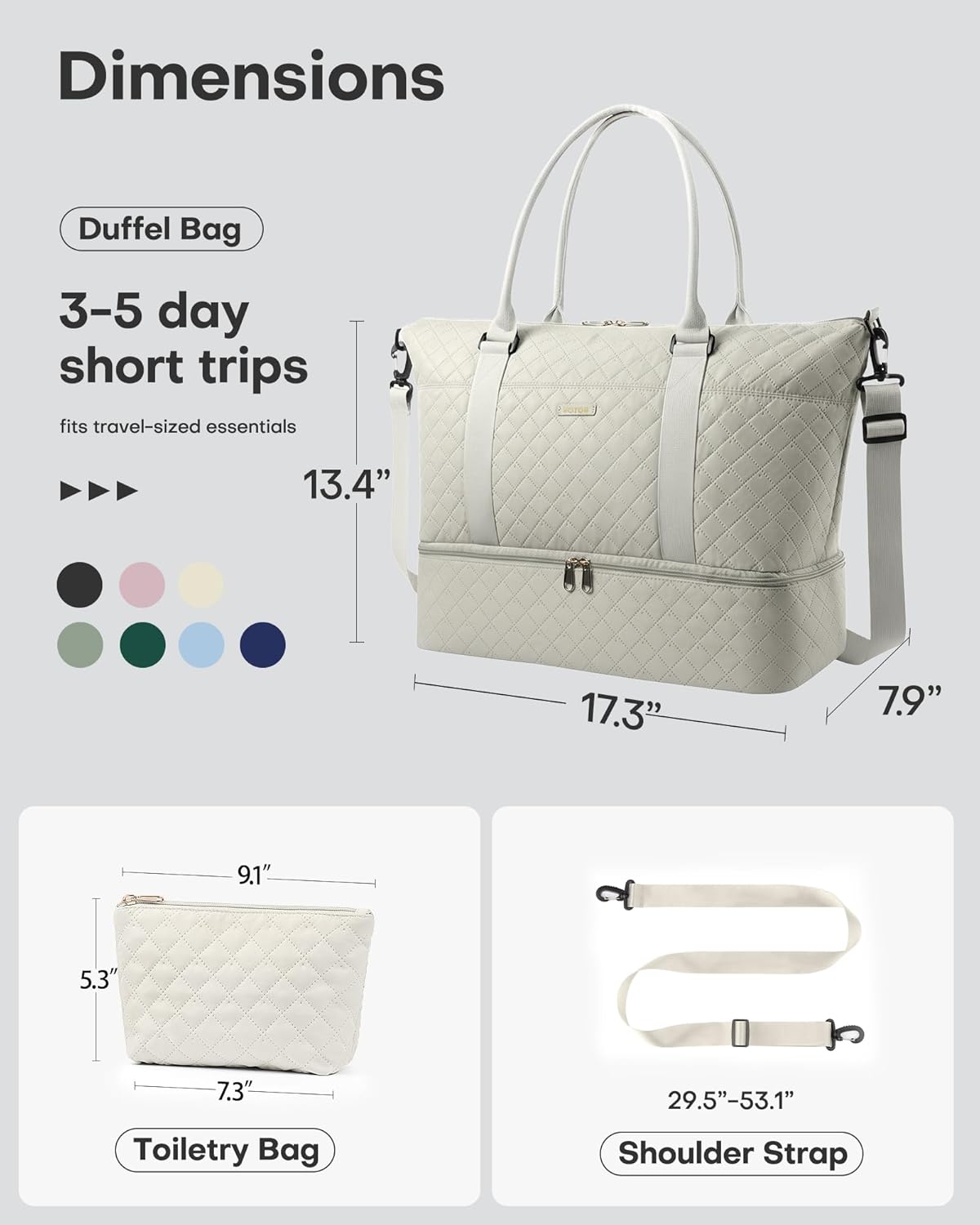 HOTOR Travel Duffel Bag - Weekender Bags for Women, Gym Tote Bags with Shoe Compartment, Carry On Overnight Bag with Toiletry Bag for Travel Essentials and Travel Accessories, Beige, 13.4"×17.3"×7.9" - Image 8