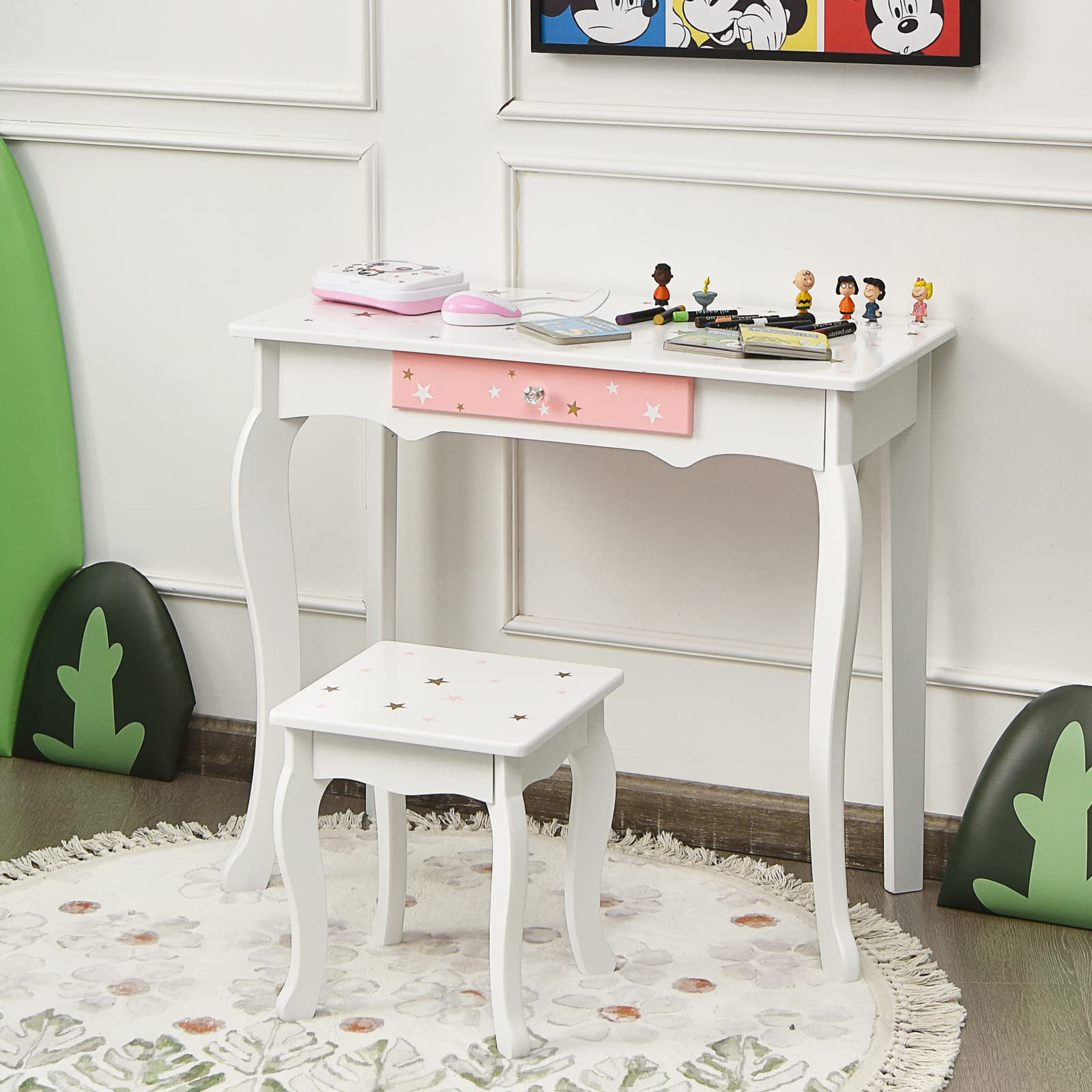 RELAX4LIFE 2 in 1 Toeletta Trucco Bambina con Specchio e Sgabello, Centro di Bellezza, Giocattolo da Trucco, Set Tavolo da Trucco in Legno per 3 4 5 6 Anni (Bianca)