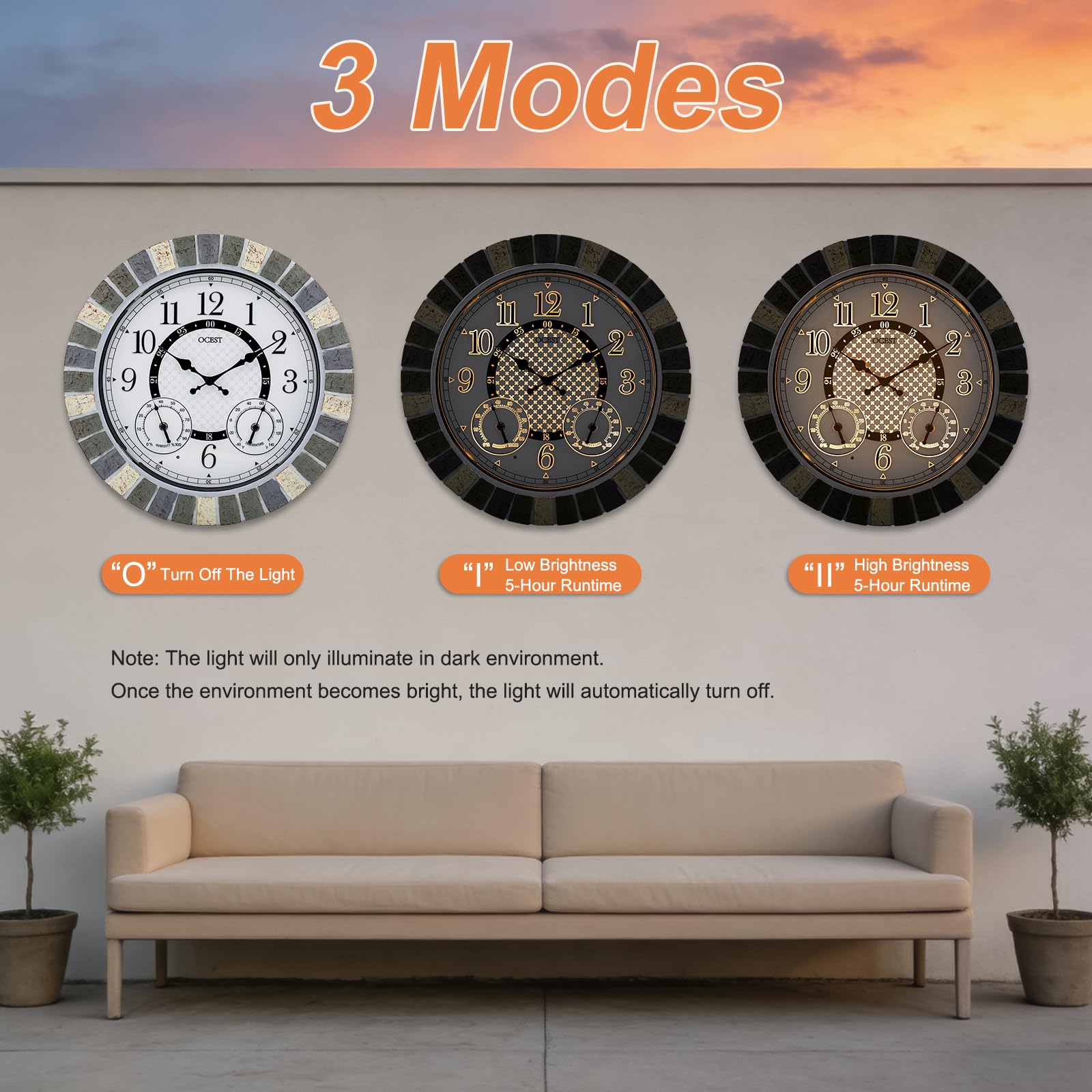 OCEST Reloj grande de 18 pulgadas para exteriores, impermeable, termómetro, higrómetro, luz nocturna, relojes de pared iluminados, funciona con pilas, silencioso, sin tictac, ideal para patio, jardín