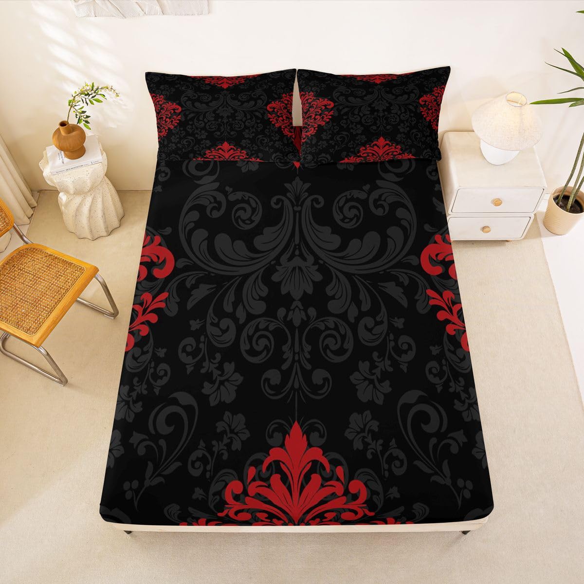 Homemissing Set di lenzuola gotiche rosse per letto matrimoniale con stampa damascata e tasca profonda, lenzuolo con angoli in stile antico barocco vittoriano, set da letto morbido, 4 pezzi con 2