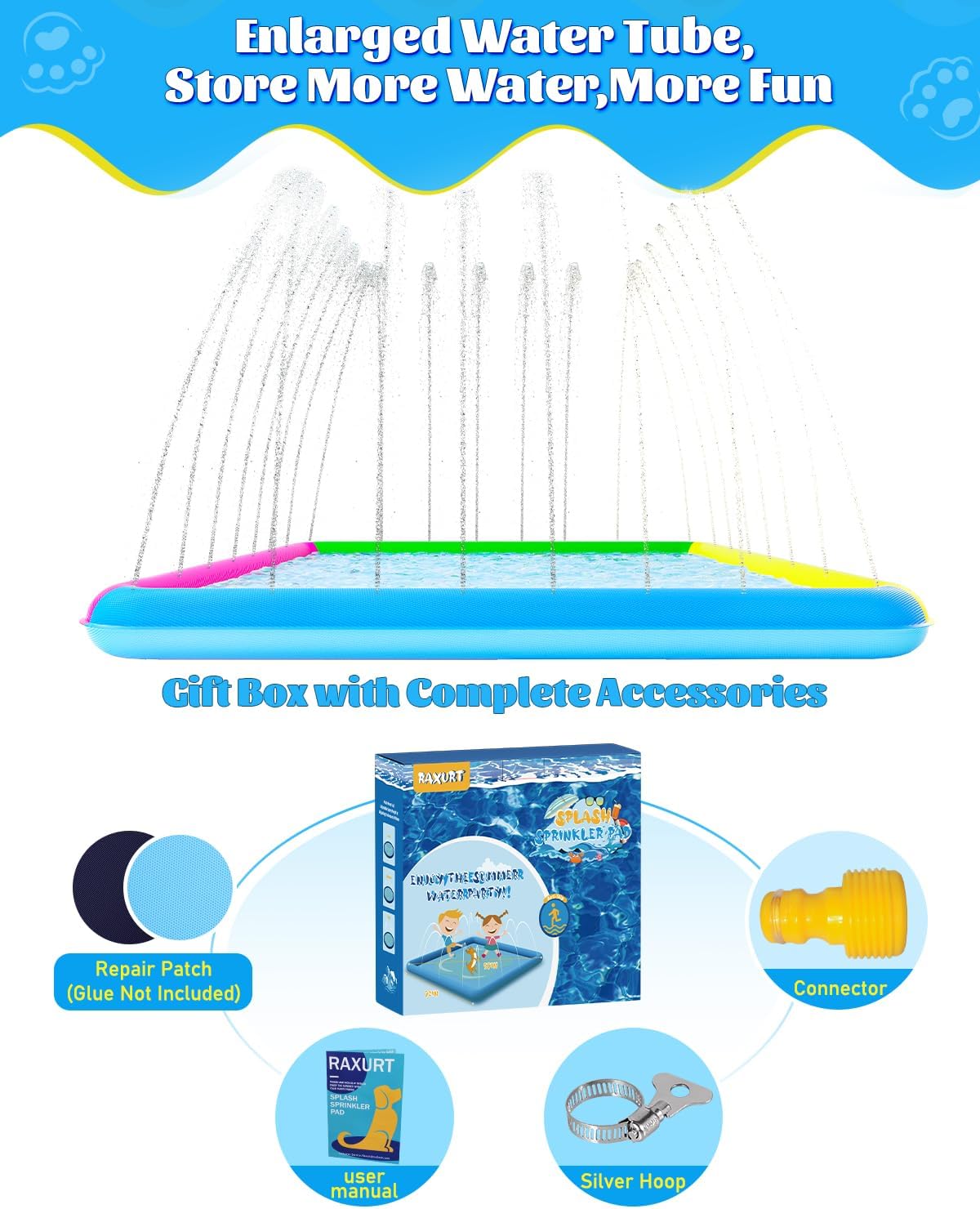 Raxurt Splash Pad, 147"- 118" Non-Slip Splash Pad for Kids and Dogs, Thickened Durable Square Dog Pool with Sprinkler Summer Outdoor Water Toys for Toddler Girls Boys Children Pet (Colorful)