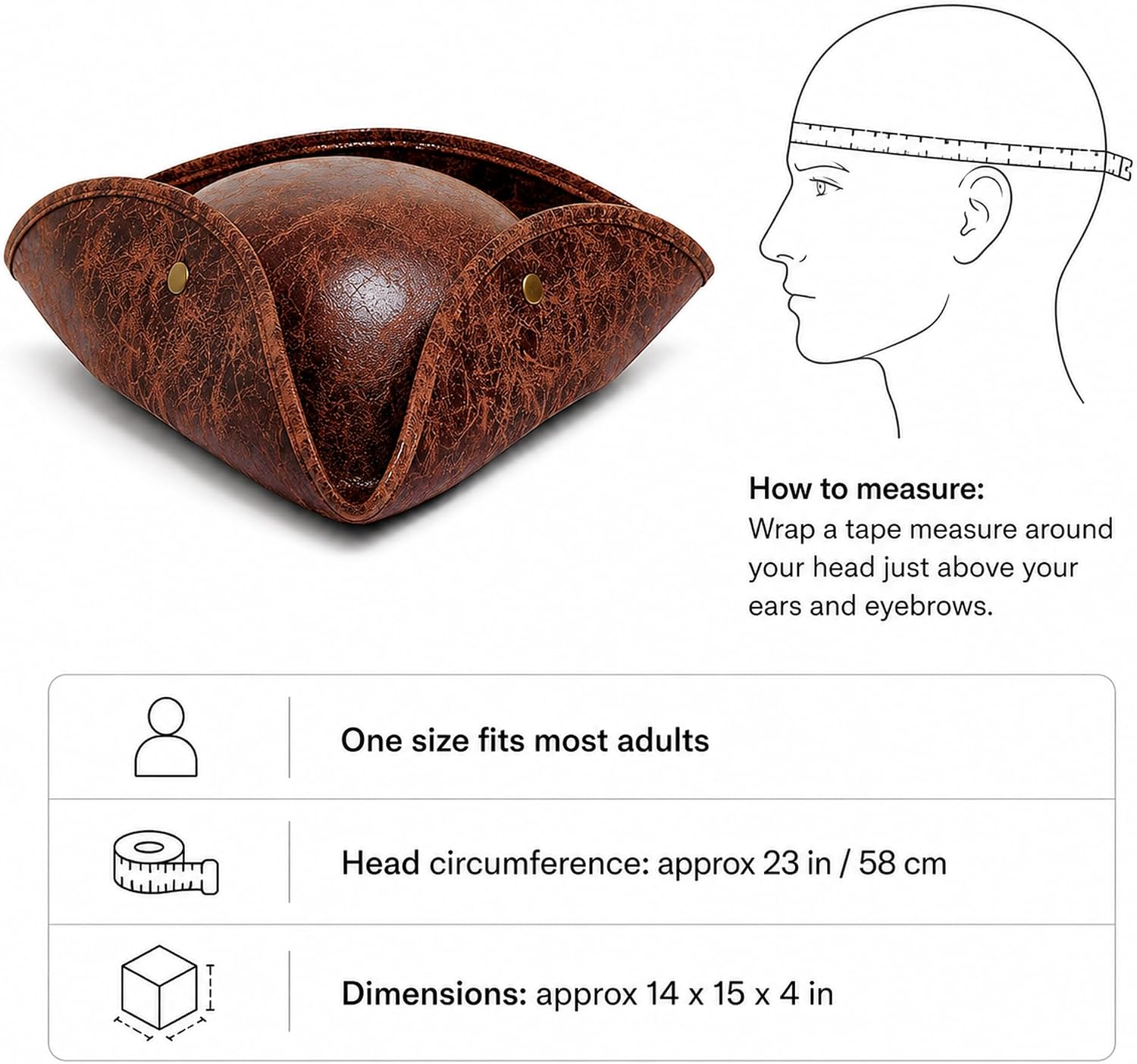 COLLECT PRESENT Distressed Faux Leather Pirate Tricorn Hat for Adults - Vintage Style Pirate Tricorn Hat for Men & Women