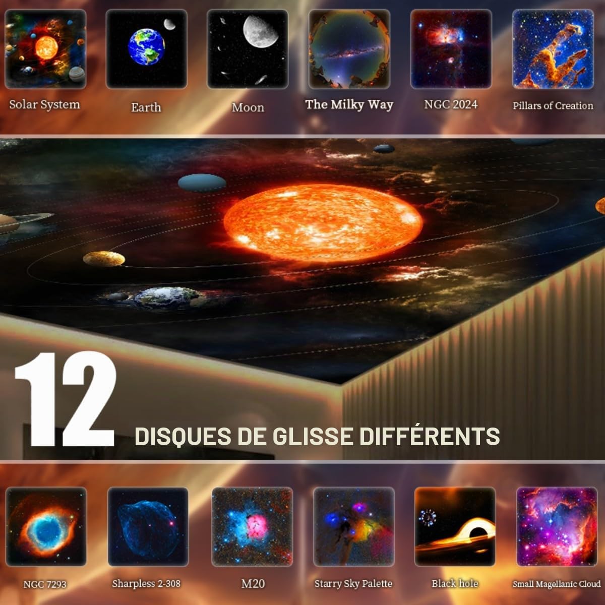 HTLNUZD Projecteur galaxie astronaute fusée et 12 pièces de film nébuleuse rotation à 360° tête magnétique pour chambre à coucher, salle de jeux, décoration de Noël