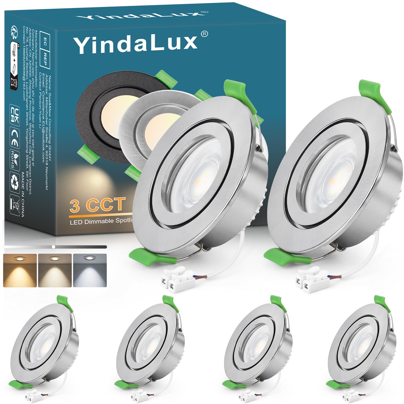 YindaLux LED reflektor do zabudowy 230 V IP65 ściemnialny 2700K / 4000 K / 6000 K 5 W reflektor LED 68 mm wielkość otworu reflektor sufitowy okrągłe oświetlenie wpuszczane Ultra płaskie oświetlenie do