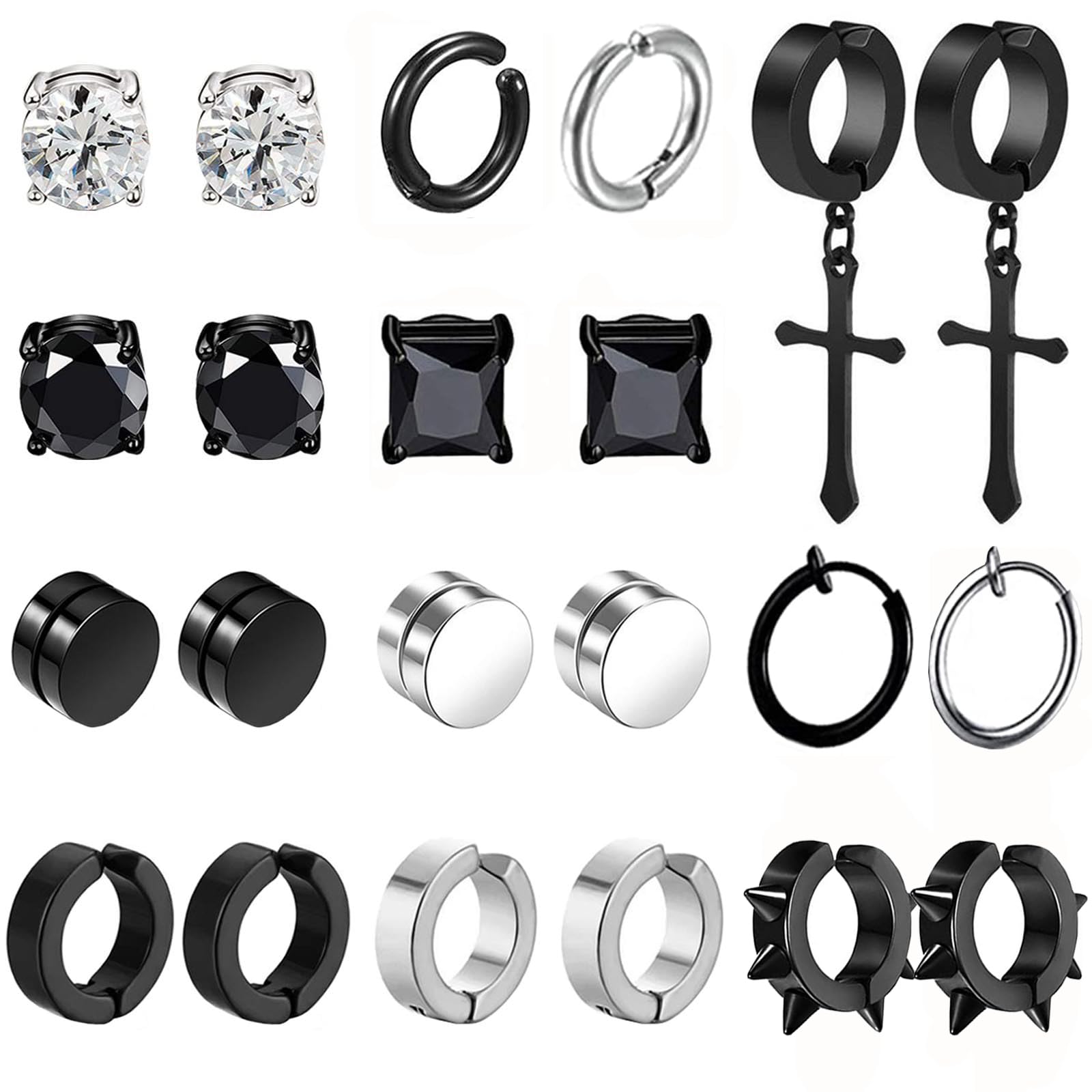 VELESAY 22 Piezas Falsos Pendientes Magnéticos de Acero Inoxidable Imán Hombre Pendientes Clip Hombre Sin Agujero Pendiente CZ Magnet Mujer Aro Pendientes Set Negro Plata