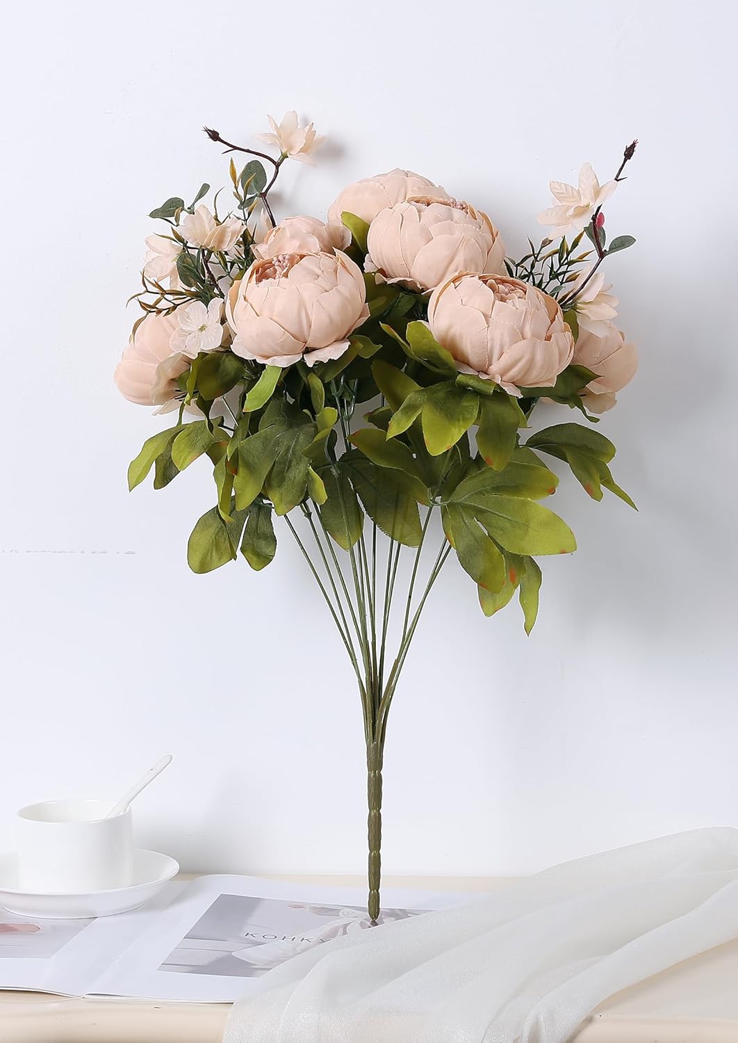Duovlo Artificial Peony Silk Flowers Fake Flowers Vintage Wedding Home Decoration,Pack of 1 (Light Champagne) - Image 3