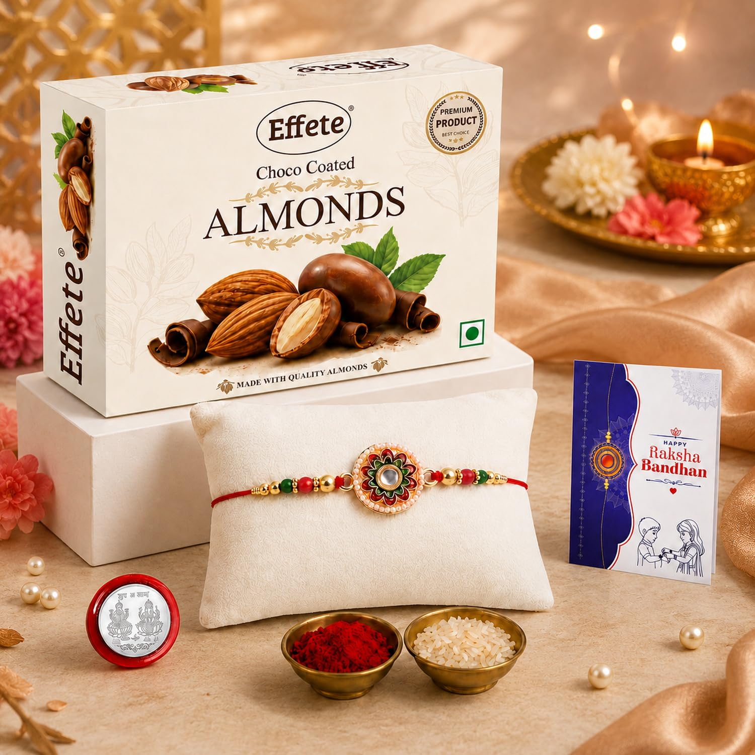 DeoDap Chocolate with Rakhi Combo for Brother – Round Shape Multicolor Beads Rakhi with Silver Color Coin & Greeting Card, Choco Coated Almonds (32 Gm), Raksha Bandhan Celebration Combo for Bhai