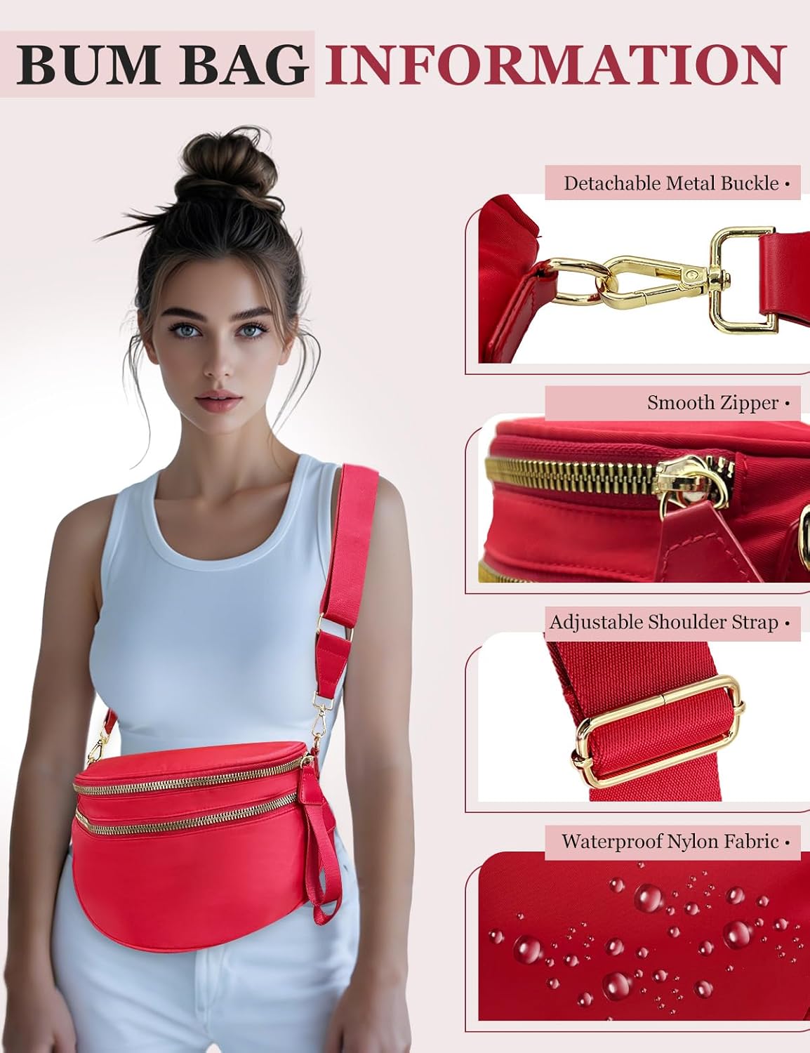 Bum Bags for Women Nylon Crossbody, Spacious Fanny Packs Belt Bag Large Sling Bag with Adjustable Strap (Red)