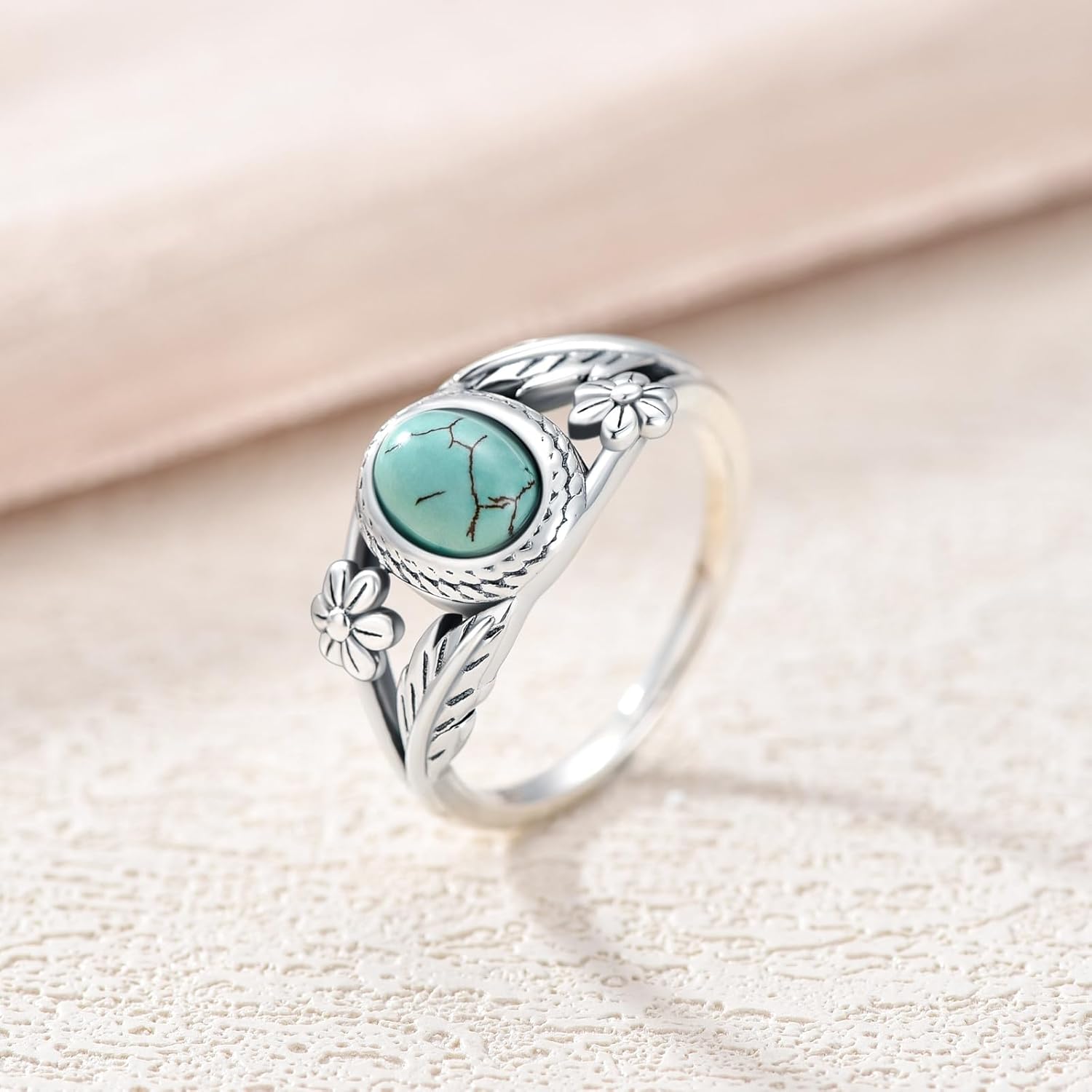 Turquoise Ring for Women 925 Sterling Silver Leaf Ring Leaf Turquoise Ring Western Oval Bohemia Jewelry Vintage Inspired Ring Gift for Women Wife Mom - Image 2