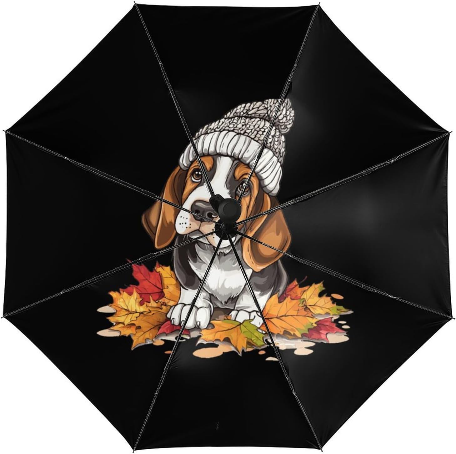 Autumn Leaves - Basset Hound Windproof Travel Umbrella Compact Portable Automatic Umbrella for Sun Rain