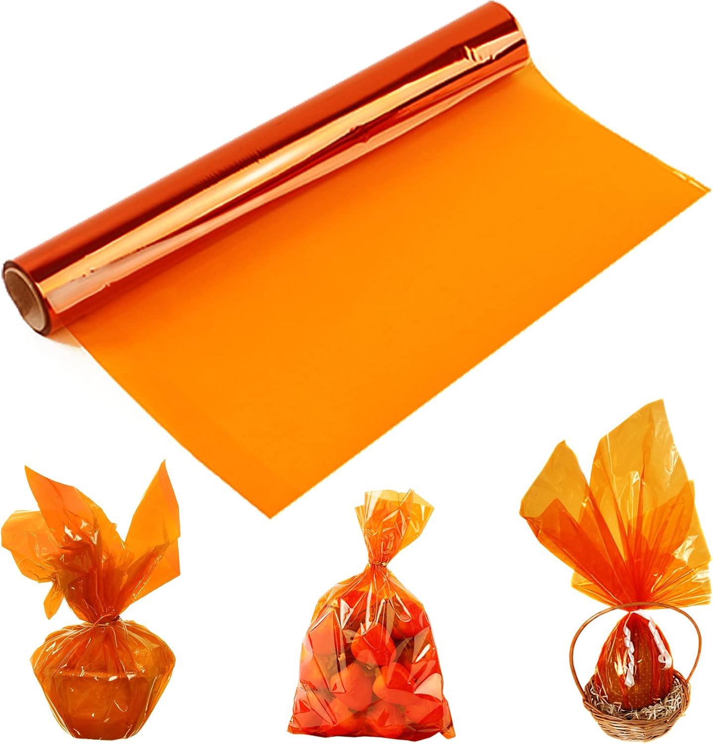 Easter Orange Cellophane Wrap Roll, Translucent Orange Cellophane Wrapping Paper, 16 Inch Width x 100 Ft Long Colored Cellophane Rolls for Gift Baskets, DIY Arts Crafts Decoration and More