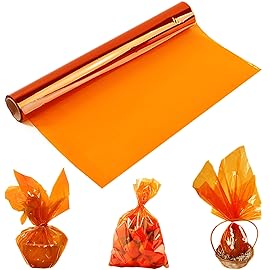 Morepack Orange Cellophane Wrap Roll, Translucent Orange Cellophane Wrapping Paper, 16 Inch Width x 100 Ft Long Colored Cellophane Rolls for Gift Baskets, DIY Arts Crafts Decoration and More
