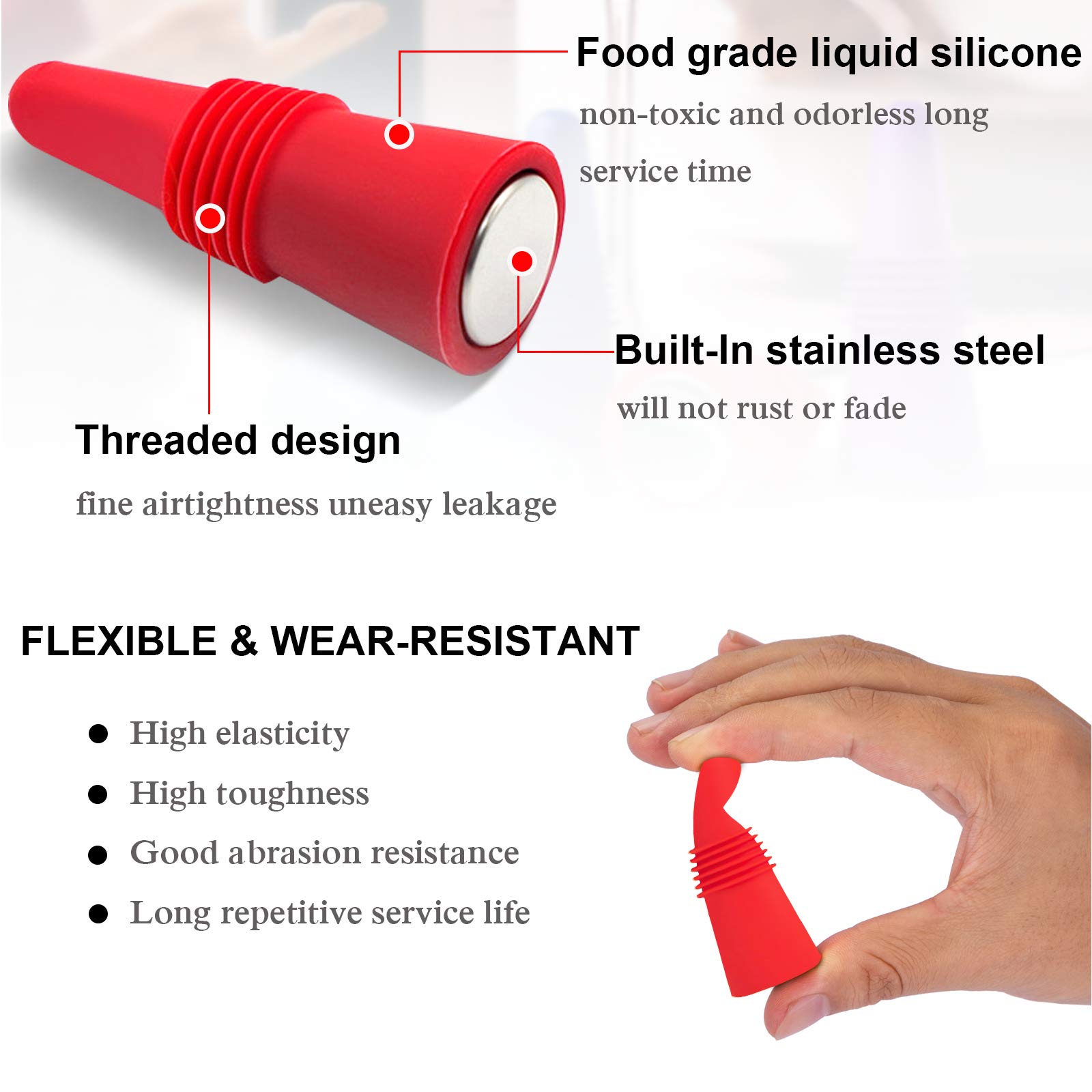 Tappi Per Vino In Silicone Alimentare, 4 Colori (nero, Viola, Rosso, Blu), Con Anima In Acciaio, Riutilizzabili, Diametro 2,2 Cm - 5