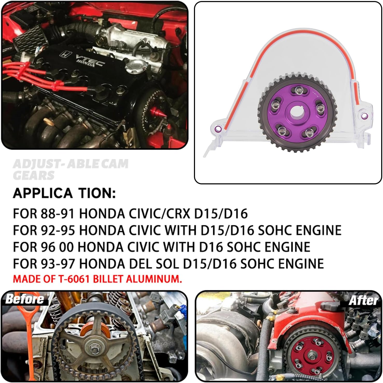 Clear Gear Timing Belt Cover+Cam Gear Compatible with Honda Civic D15 D16 SOHC 1996-2000 Purple