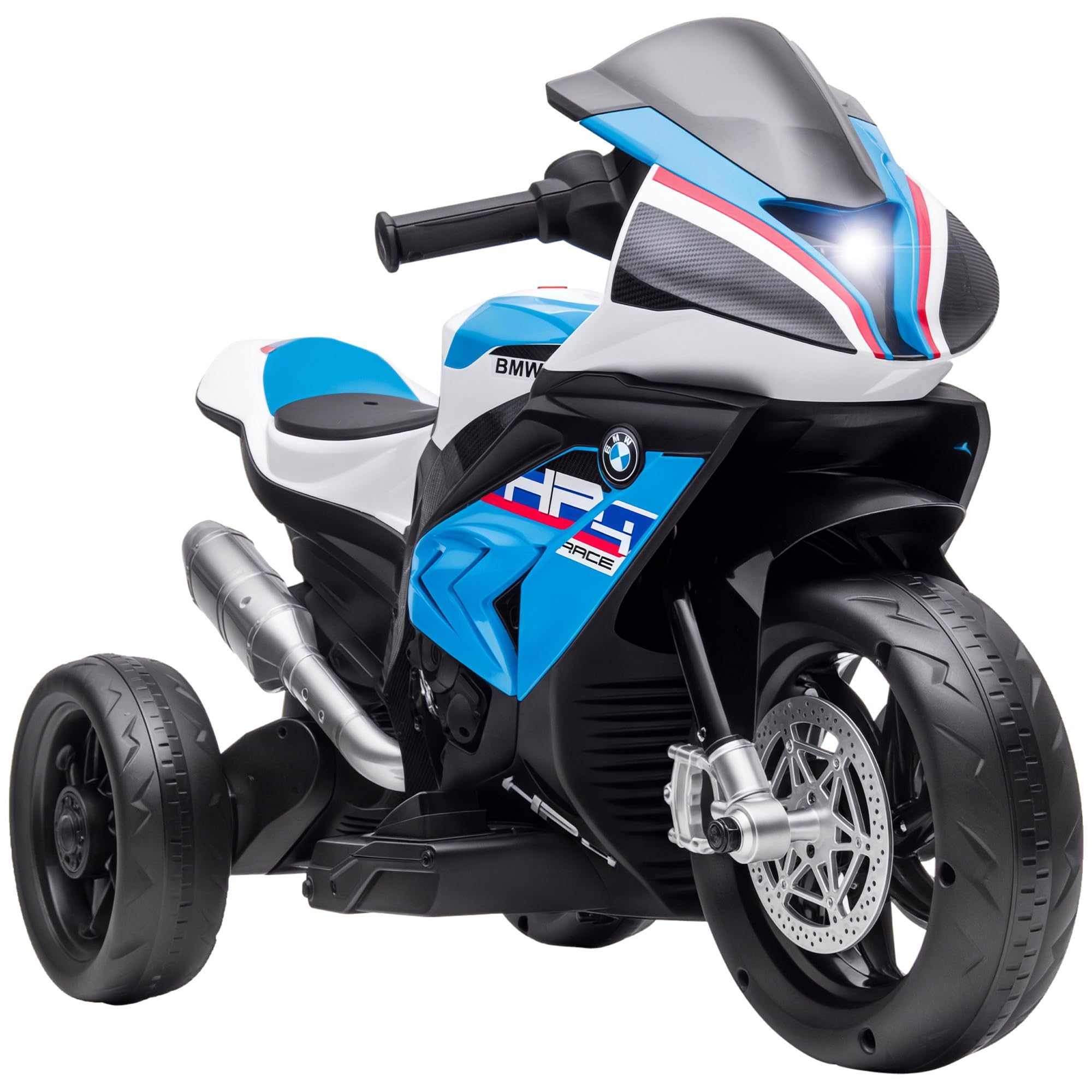 HOMCOM Moto Eléctrica BMW HP4 para Niños de +​18 Meses Motocicleta de Batería 6V con Música USB Velocidad 2,​5 km/​h Avance y Retroceso Carga 30 kg 82,​5x42x54 cm Azul