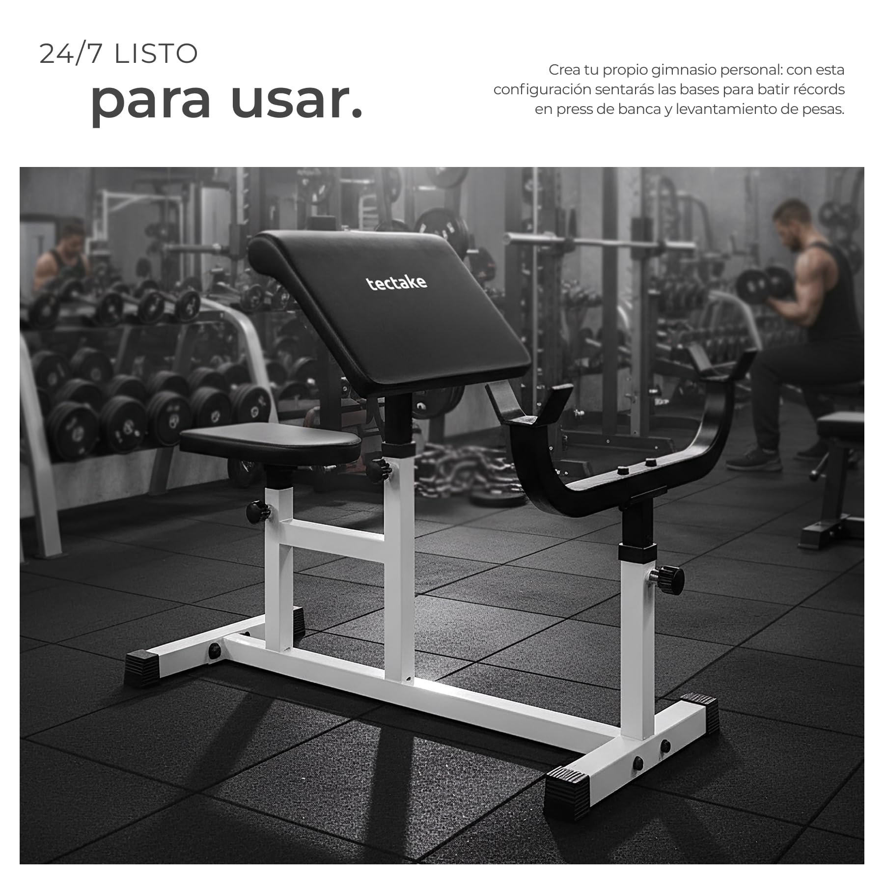 tectake® Banco Musculación, Banco de Pesas para Barra Gimnasio, Estructura de Acero Resistente, Asiento y Apoyabrazos Ajustables - Carga Máxima: 150 Kg