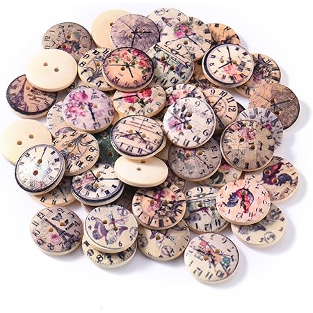 Amazon Co Jp Qin 木のボタンセット ウッドボタン 時計プリント アンティーク調 手芸 手作り ボタン 2つ穴 50枚セット 手芸に最適 ｍｍ ホーム キッチン