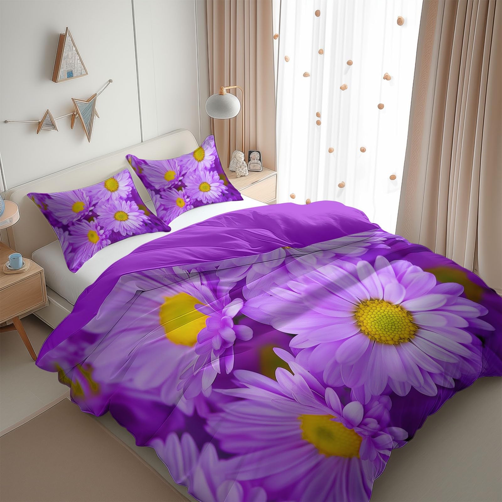 Poszwa na kołdrę 260 x 240 cm chryzantemy sztuka romantyczna fioletowy komplet pościeli, 3-częściowy zestaw z zamkiem błyskawicznym - pościel dla 2 osób dorosłych z 2 poszewkami na poduszki 65x65 cm
