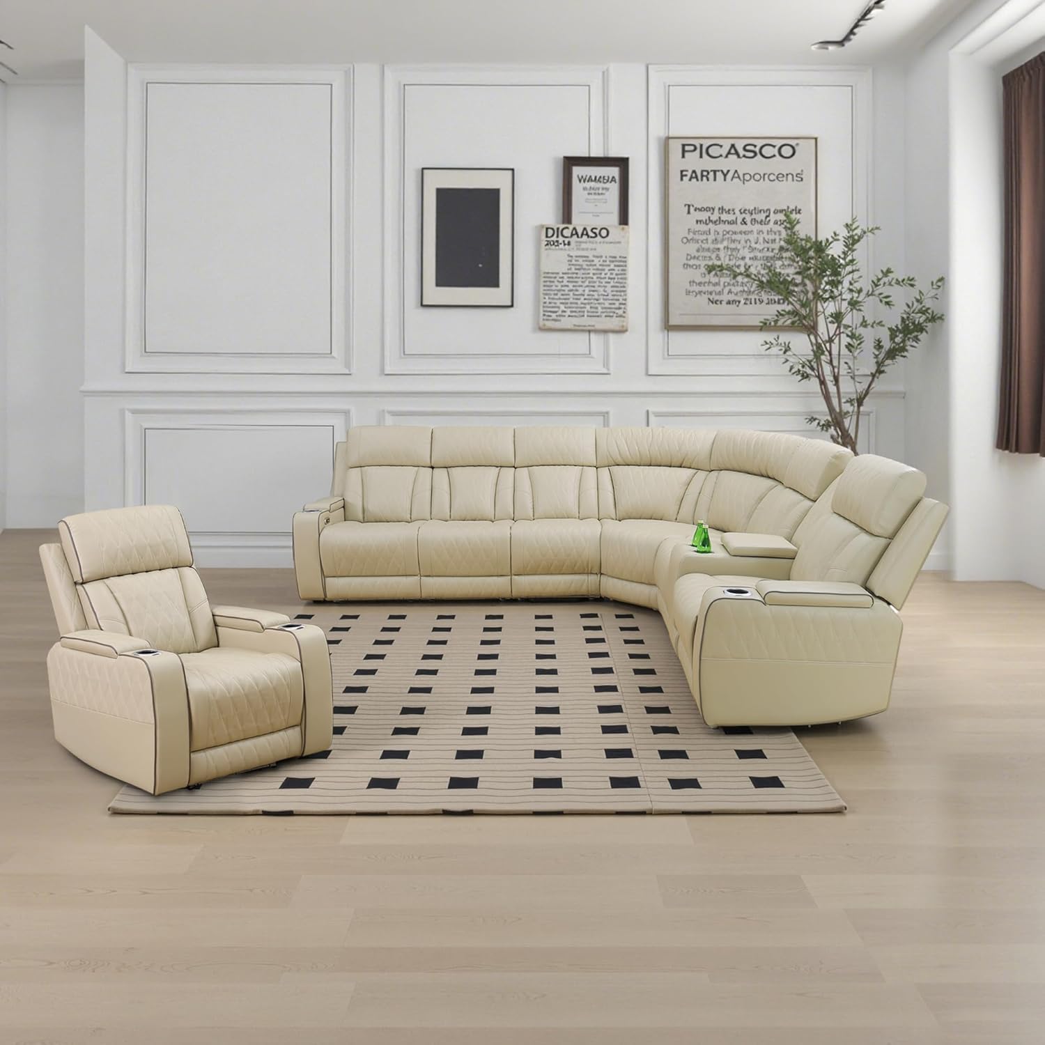 Breathabble Leather Power Recliner Sectional Set, Reclining Corner Sofa with LED/USB Port/Cup Holders, Leather Couch Set for Living Room Home Theater (Beige, Sectional+1xChair)