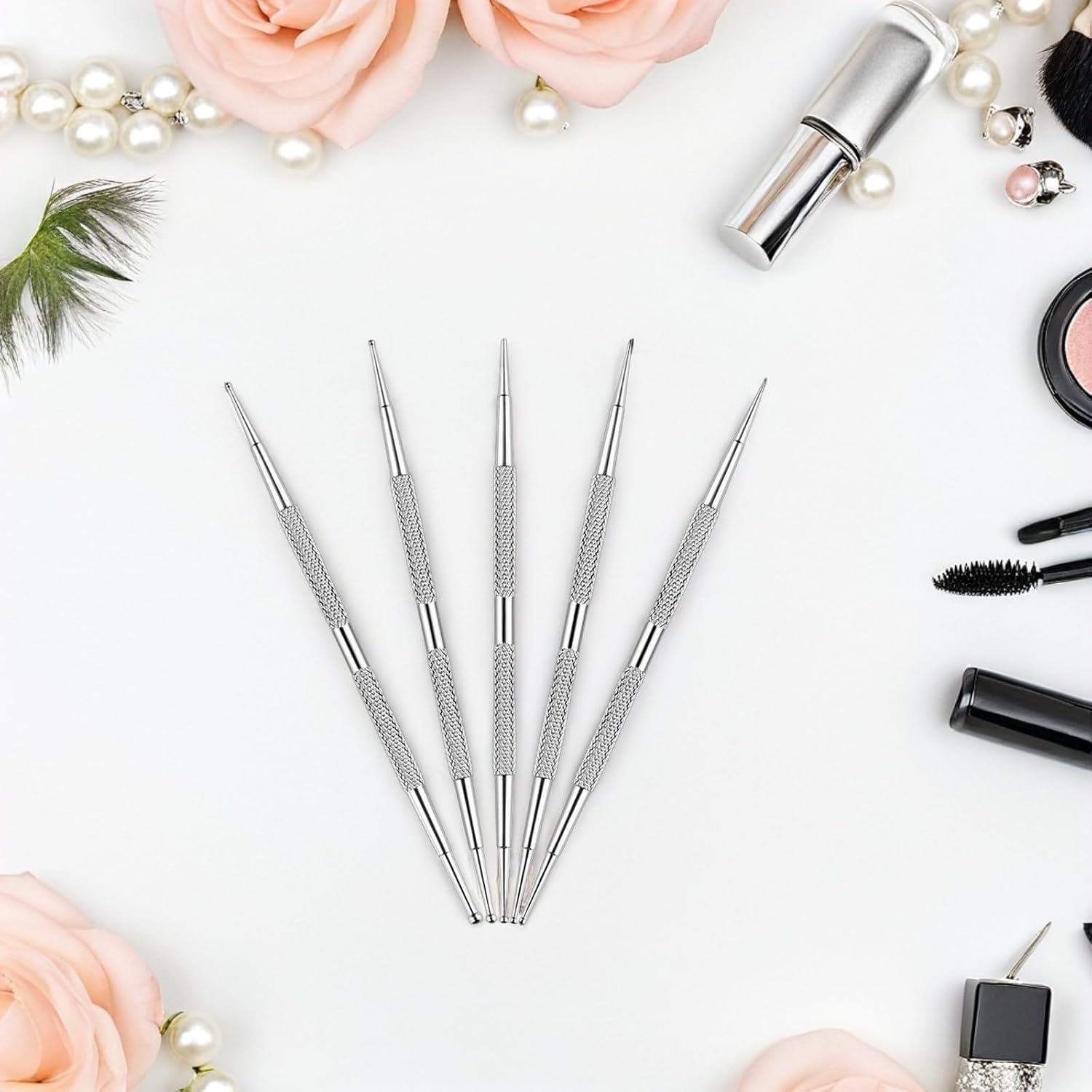 5pcs Dual-ended Stainless Steel Nail Dotting Pens with Ballpoint Tip for DIY Manicure Nail Art Tools Set Suitable for Home and Salon Use