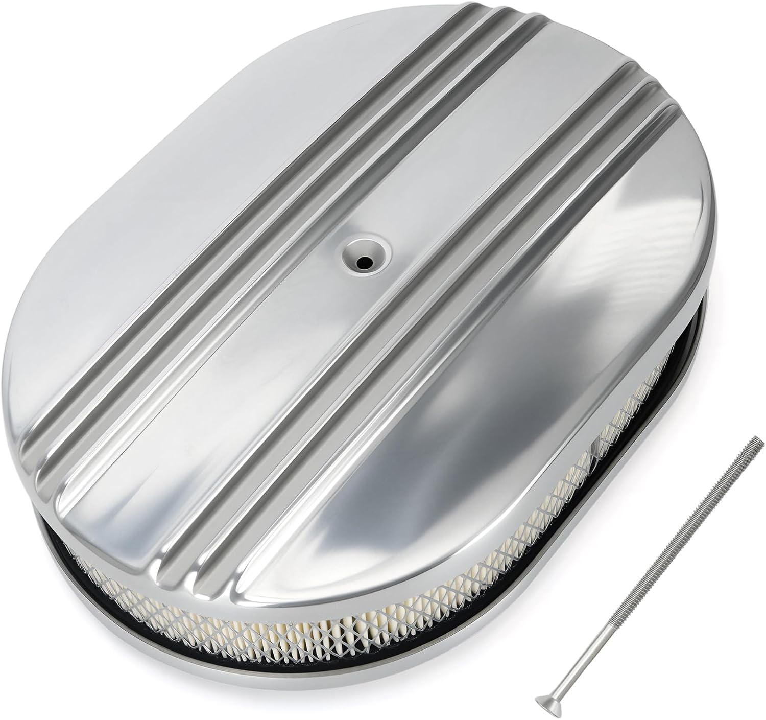 Universal 15'' Oval Fully Finned Air Cleaner, with Mounting bolt Black Aluminum Alloy Oval Polished Full Finned