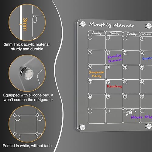 Miniatura 4 de Calendario magnético acrílico para refrigerador de 16 x 12 pulgadas, calendario mensual transparente, pizarra magnética de borrado en seco para