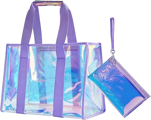 Waterproof Iridescent Clear Beach Tote Bag with Small Mobile Phone bag,17x12x8 inch Holographic Purple Extra Large Tote Bag for Beach, Travel and Shopping