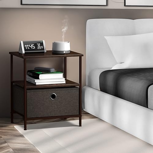 Miniatura 2 de Sorbus Mesita de noche con 1 cajón, mueble de noche y mesa auxiliar con marco de acero, parte superior de madera y contenedores de tela fáciles de