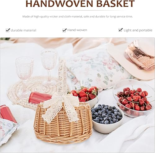 Miniatura 4 de Cabilock Cesta de almacenamiento tejida de ratán vintage, cesta de flores de mimbre, cesta tejida a mano con mango de encaje, cesta de dulces para