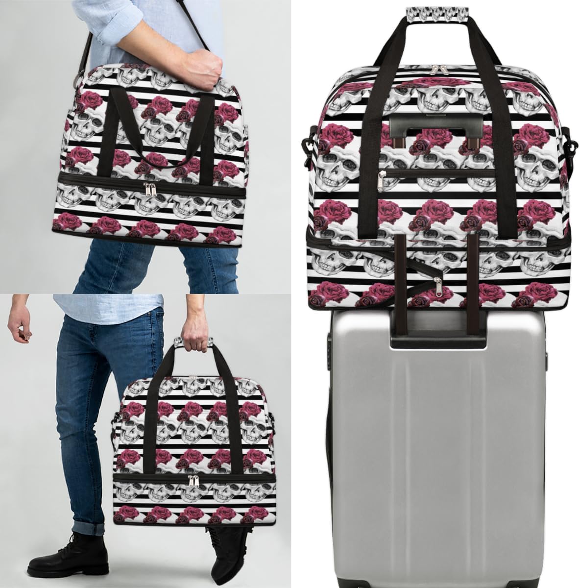 QsirBC Skull Classic Texture Gym Bag for Women Duffle Tote with Shoes Compartment Men Weekender Duffel for Dance Travel Sports Swimming Overnight